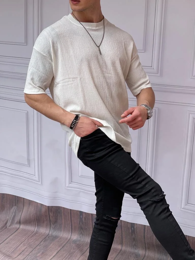 Kırışık Kumaş Relaxed Kalıp Alt Yırtmaç Detaylı Tshırt - küçük resim 3